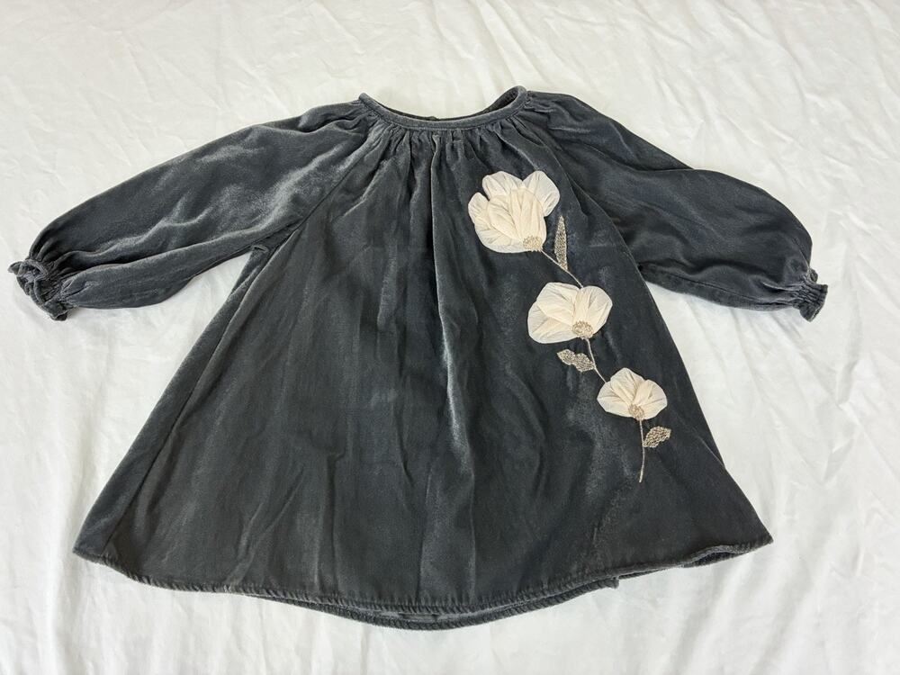 $49 ZARA GRAY VELVET DRESS WITH 3D FLORAL APPLIQUÉ SIZE 18 MONTHS FORMAL CASUAL